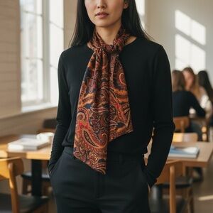 Vintage Paisley Narrow Scarf - Brown Navy Red Neckerchief Double Sided